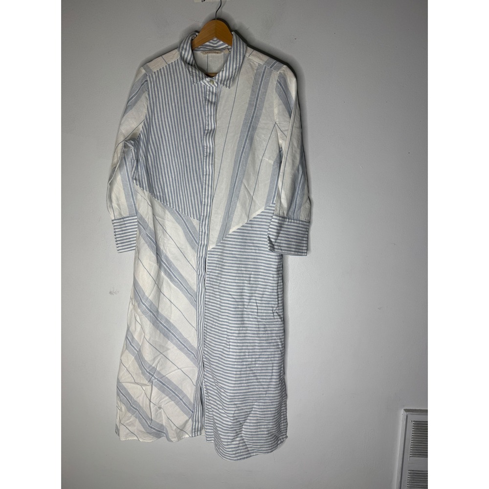 Soft Surroundings Blue White Mixed Stripe Linen Midi Shirt Dress Womens Medium